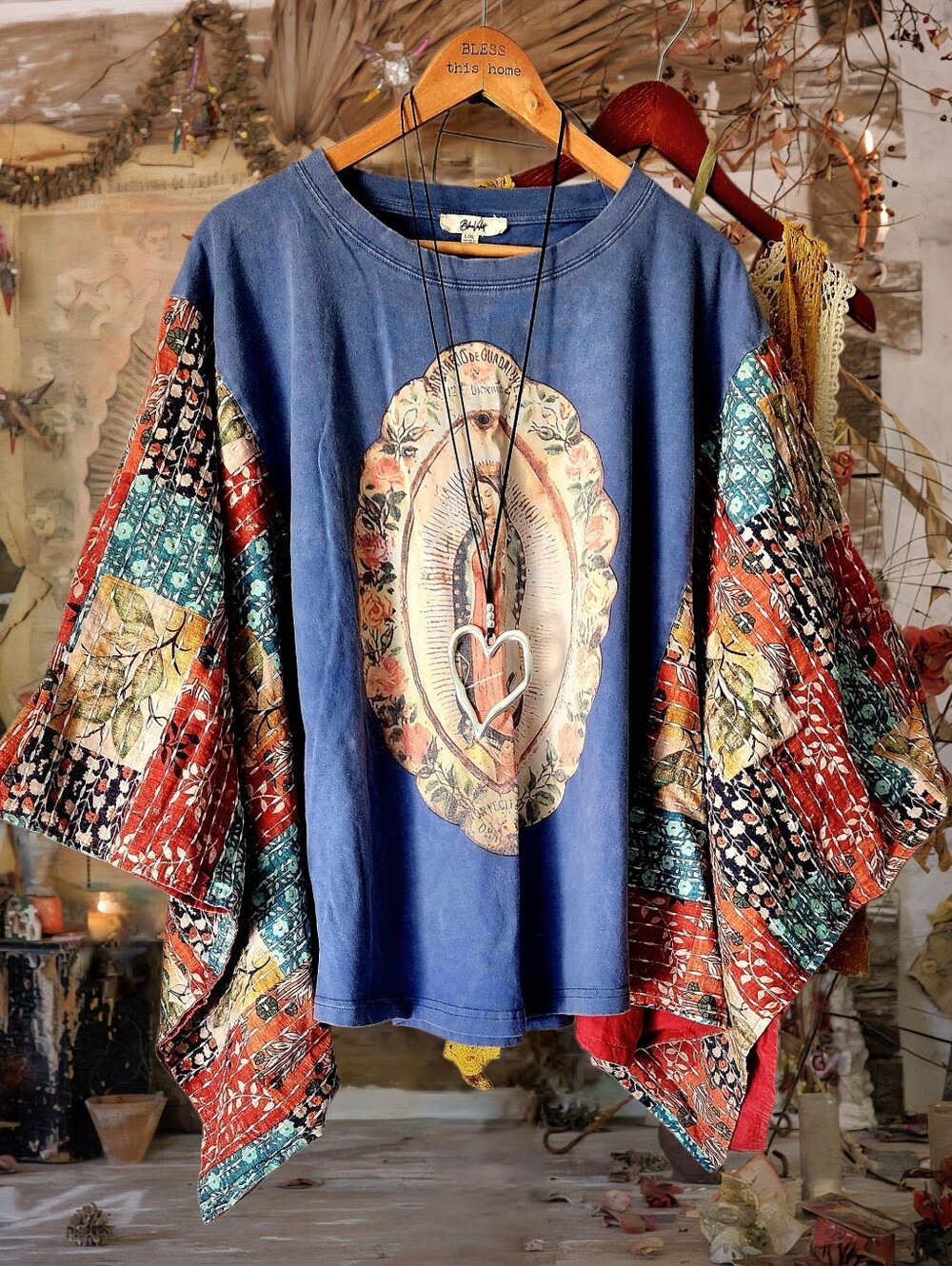 Boho Blue Graphic Tunic with Colorful Patchwork Sleeves - Picture 5 of 13
